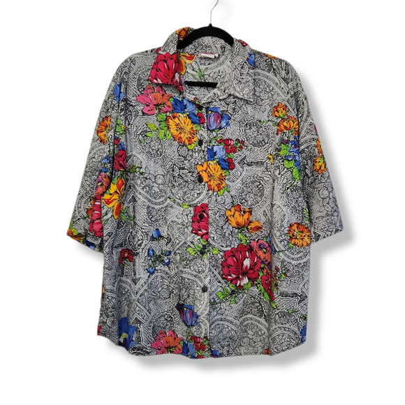 Vintage 80s Floral All Over Abstract Art Button Shirt Jodi Hills - Picture 1 of 5